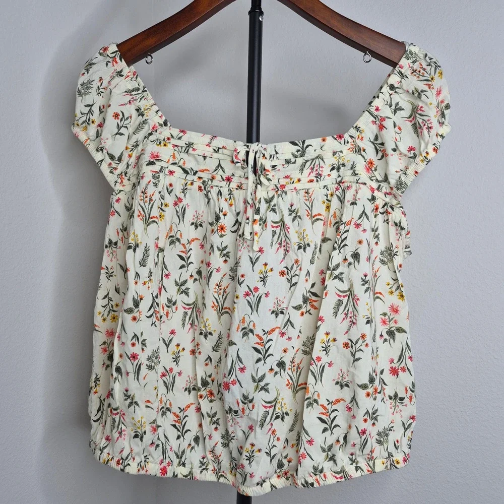Old Navy Floral Puff Sleeve Crop Top Cream Wildflower Cottagecore Square Neck L